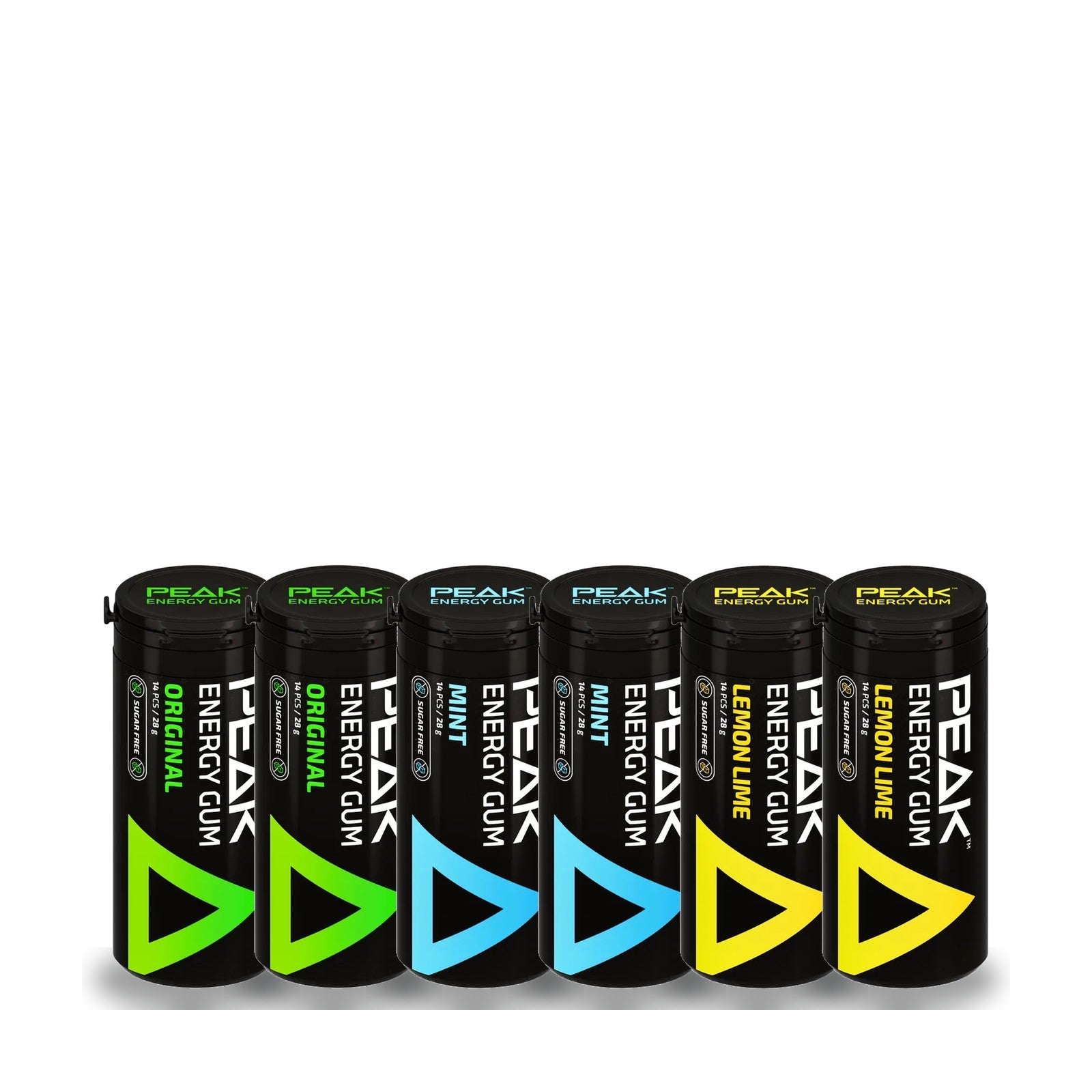 Peak Energy Gum Combo Pack — six tubes, two each of Original, Mint and Lemon Lime