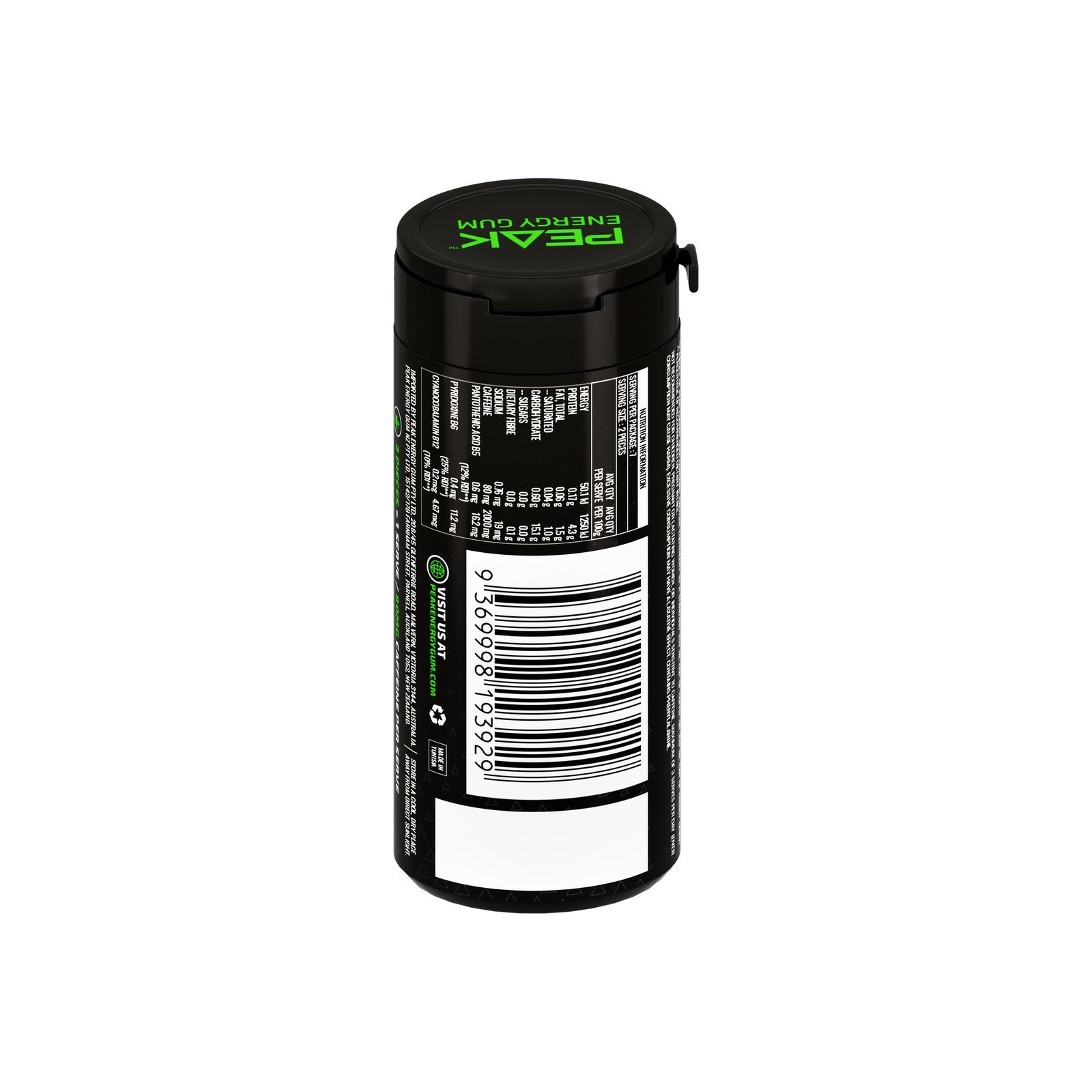 Peak Energy Gum Original back of pack, nutrition information