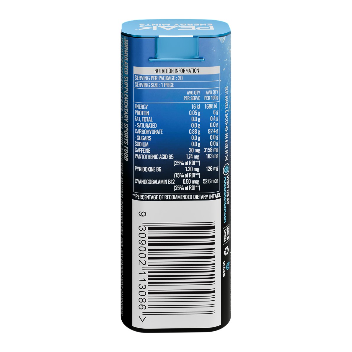 Peak Energy Mints nutrition information panel