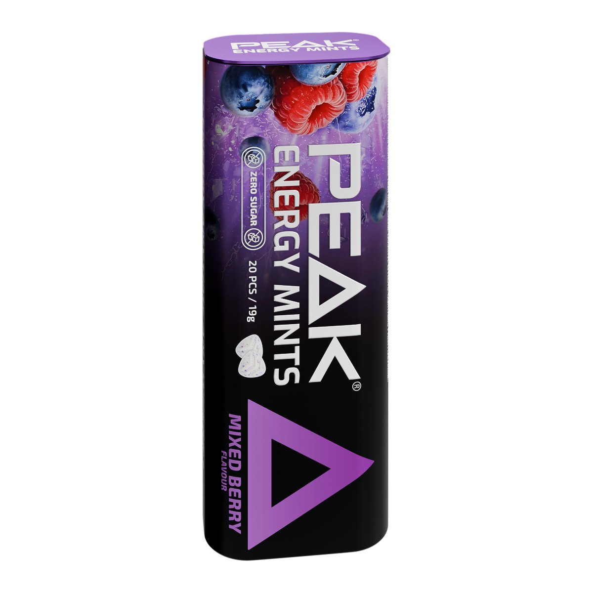 Peak Energy Mints Mixed Berry tin, three-quarter view