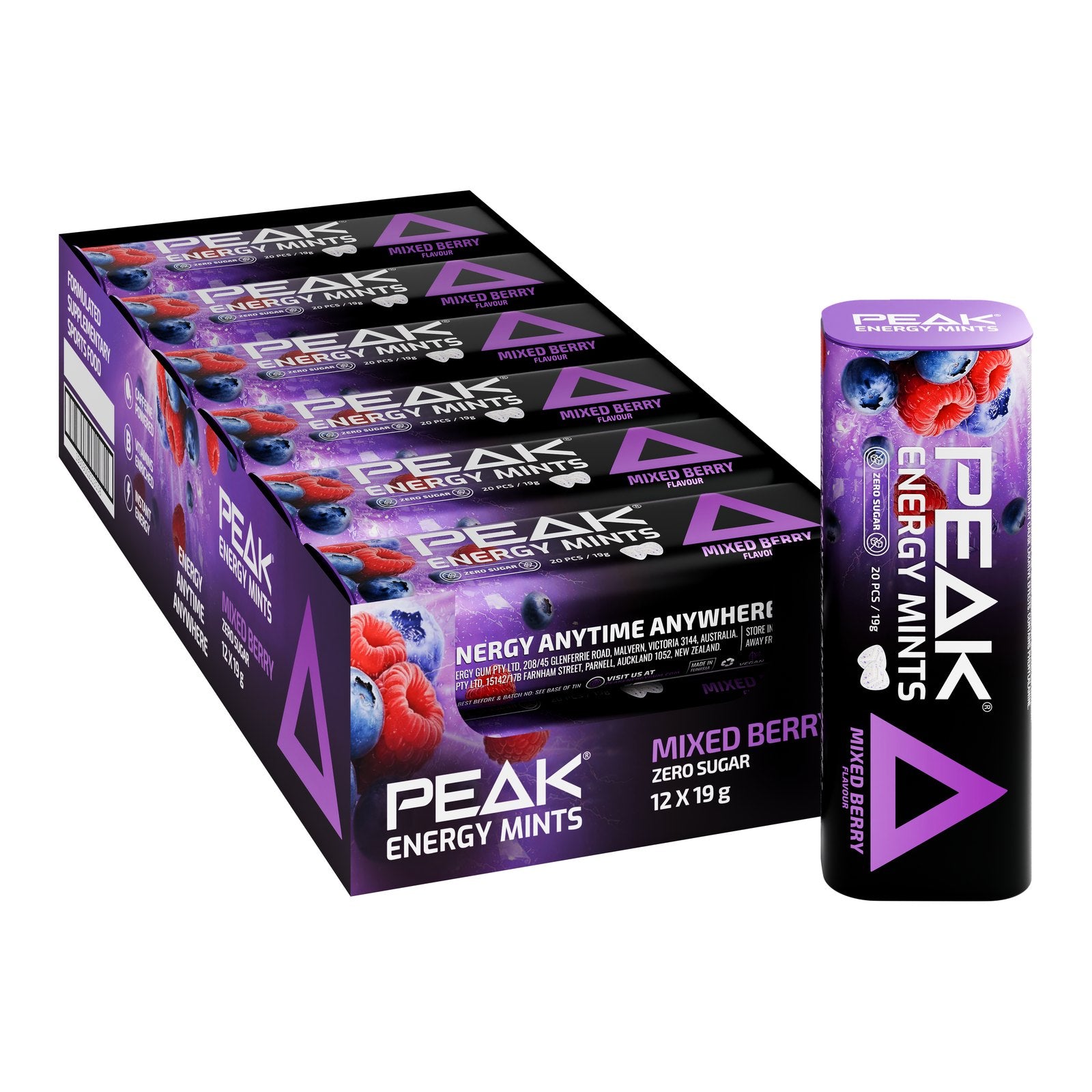 Peak Energy Mints Mixed Berry 12 pack carton