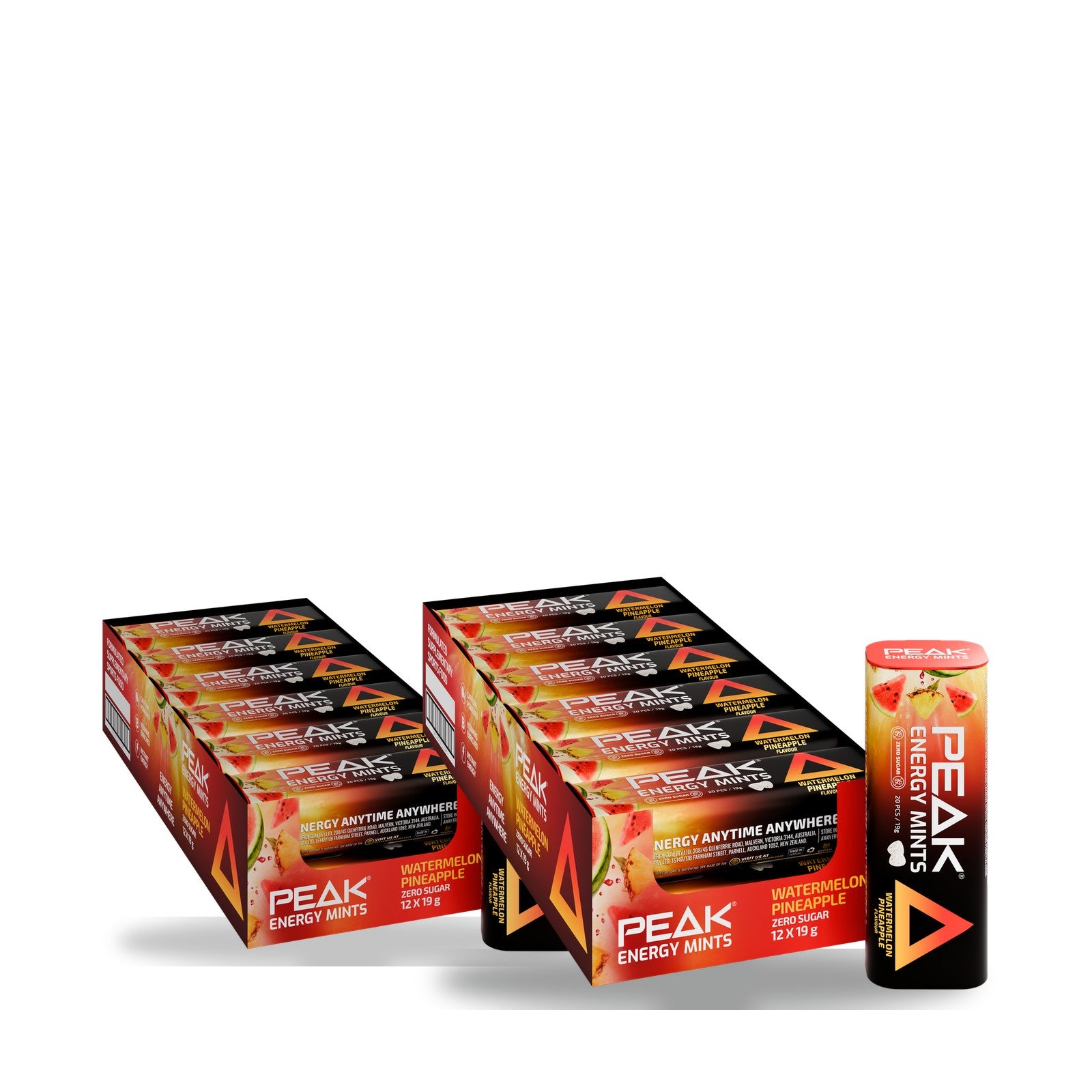 Peak Energy Mints Watermelon Pineapple 24 pack — two 12-tin cartons
