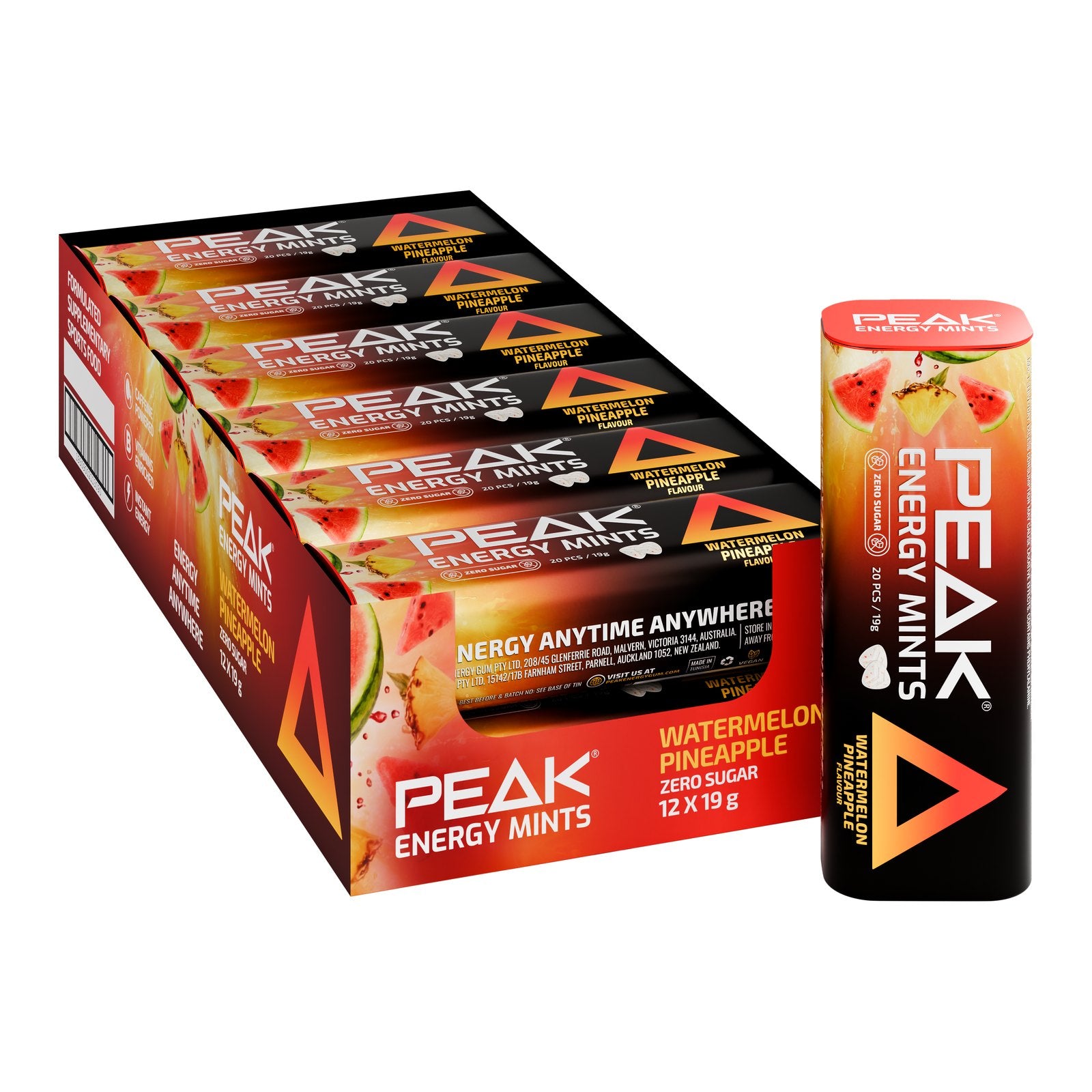 Peak Energy Mints Watermelon Pineapple 12 pack carton